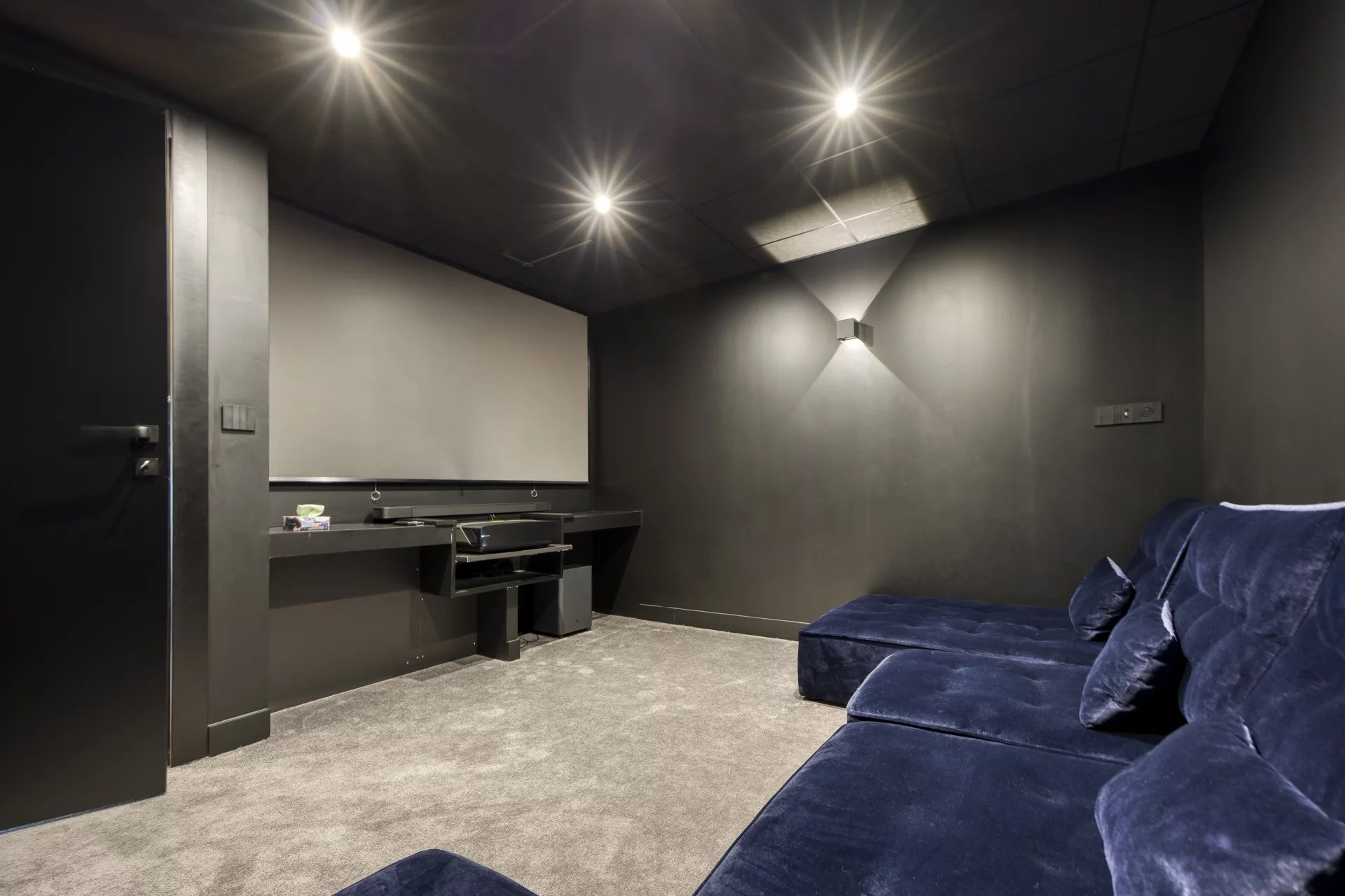 Salle de cinéma, écran, canapé velours bleu